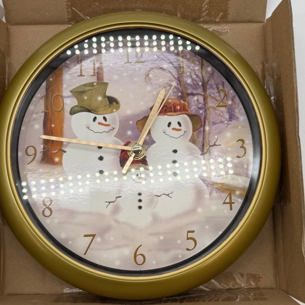 Mark Feldstein Snow Family Christmas Carol Musical Wall Tabletop Clock Gold Tone